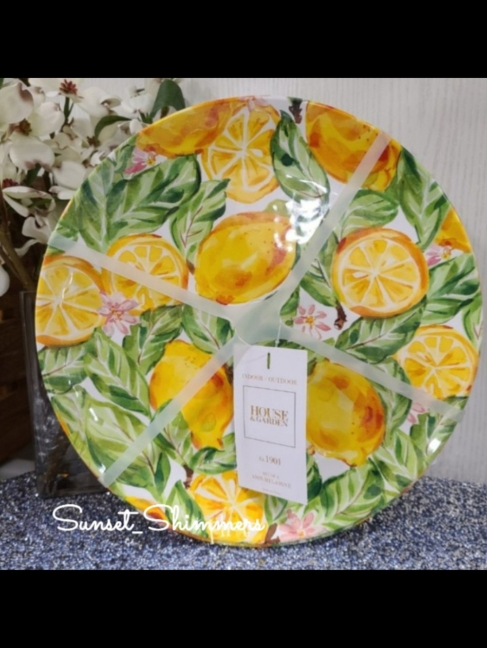 4pc Set House & Garden Sicilian Lemon Flower Blossom MELAMINE Dinner Plates 11"